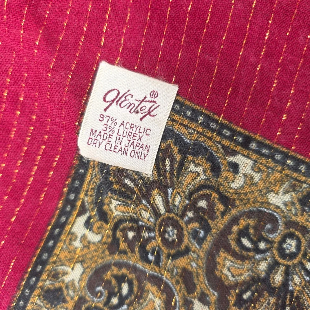 Glentex Vintage Red Gold Lurex Paisley Medallion Square Scarf Japan 30x30